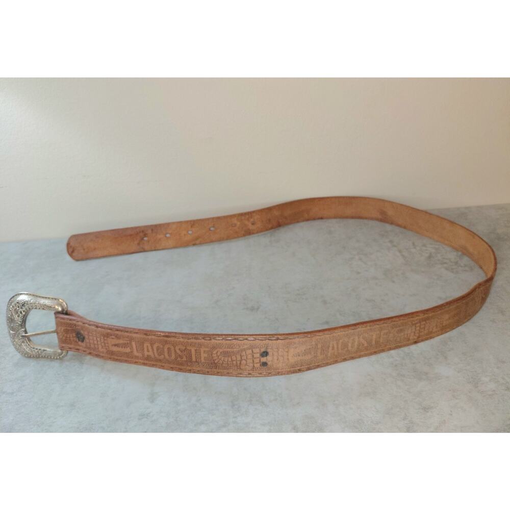 Vintage Lacoste Tooled Leather Western Belt Brown Croc Embossed Silver Buckle 38 - Picture 6 of 16